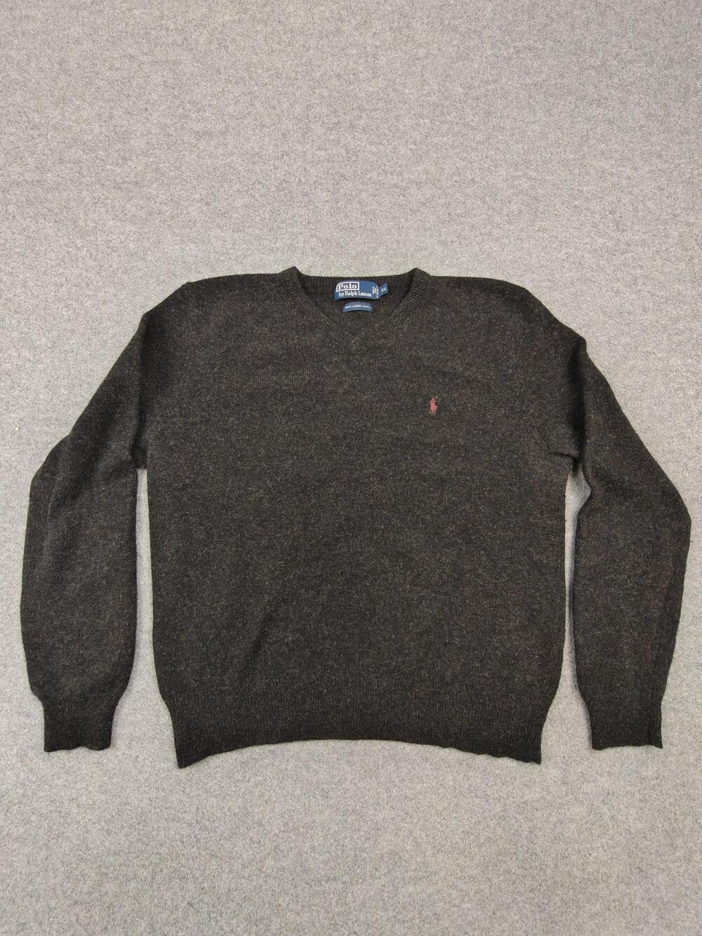 VTG Polo Ralph Lauren Sweater Mens XL (Fits Large) Gray V Neck Lambs Wool Italy
